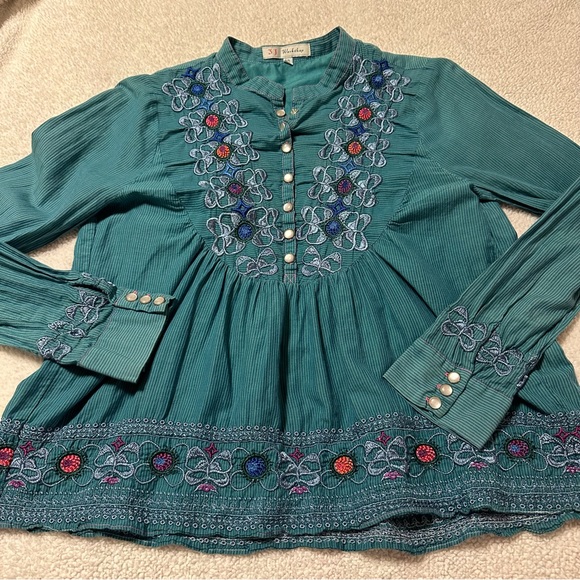 Johnny Was 3 J Workshop Blue Embroidered Prairie Western Shirt Blouse - Picture 11 of 11